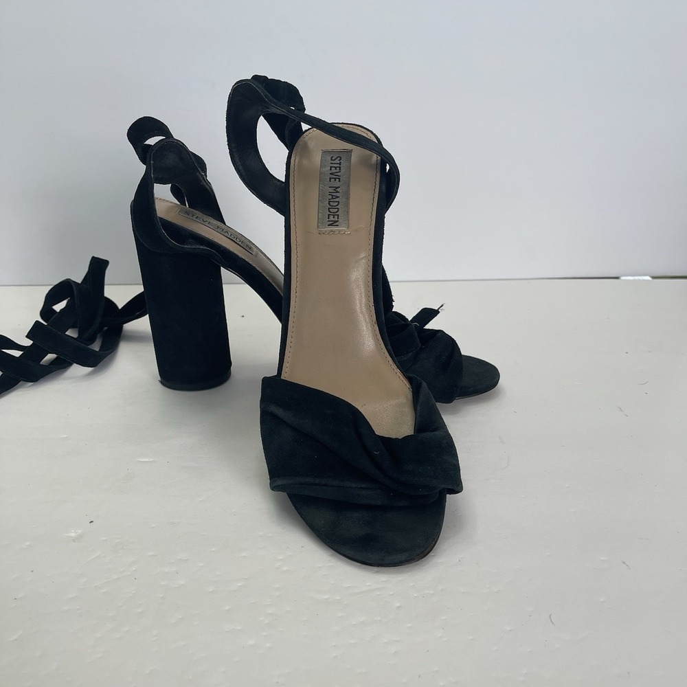 Steve Madden Clary Black Suede Sandals Tie Ankle Strap Heel Womens‎ 9.5